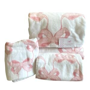 Kassafina Coquette Pink Bow Hand & Bath Towel 4PC Set 100% Cotton White NEW